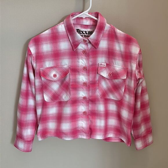 Dixxon Valentine Cropped Pink Plaid Button Up Flannel - Picture 3 of 6